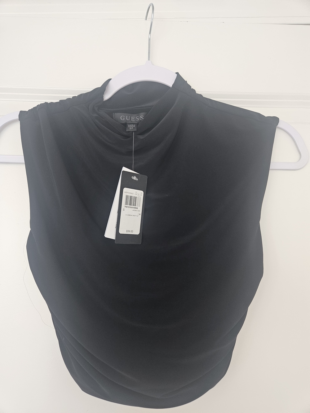 🔥NWT Guess SL Sabrina Crop Top Jet Black Sleeveless Mock Neck Size S